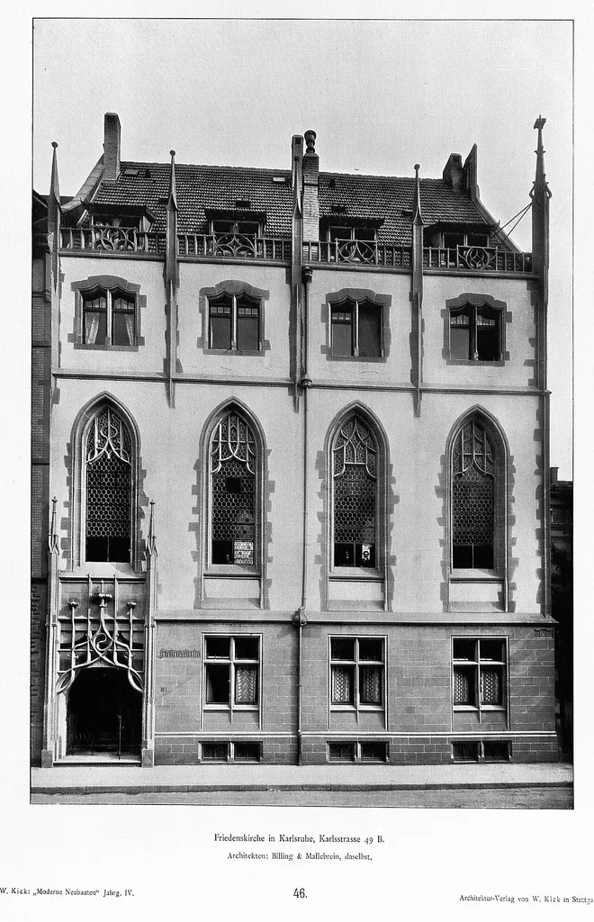 methodistische Friedenskirche in Karlsruhe, Karlstraße 49b; erbaut nach Entwurf der Karlsruher Architekten Hermann Billing und Josef Mallebrein; 1968 abgebrochen