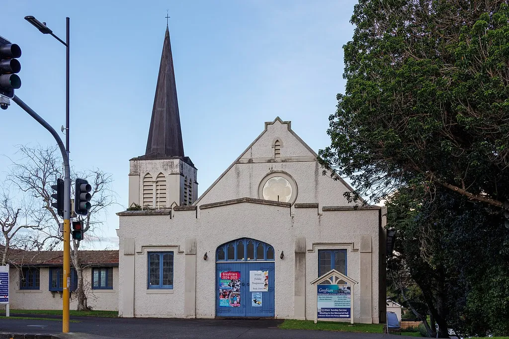 A frontal view of Greyfriars Church in Mount Eden, Auckland.