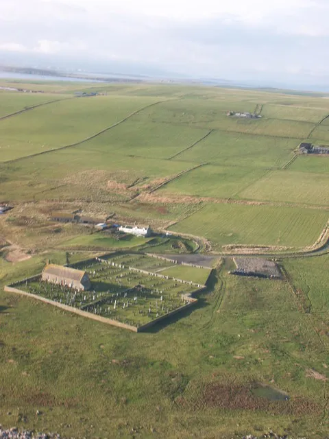 Cemetery, Kirkhouse Taken from a glider, looking West over South Ronaldsay.