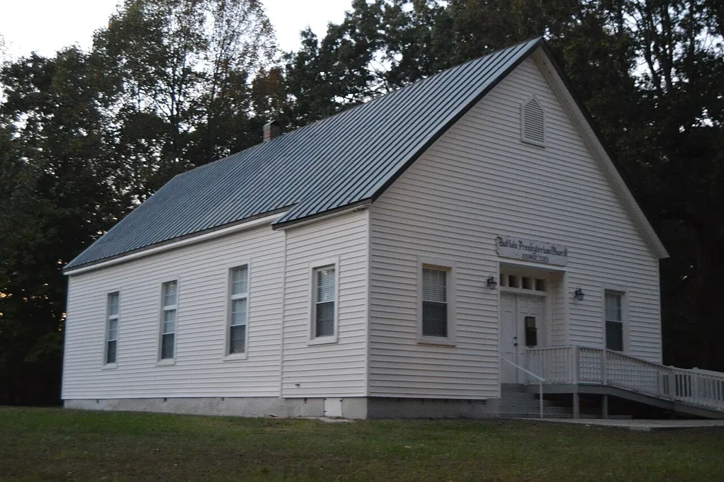 Front and southern side of the Buffalo Presbyterian Church, located on Buffalo Church Road southeast of Pamplin in Prince Edward County, Virginia, United States. Built in 1804, it is listed on the National Register of Historic Places.