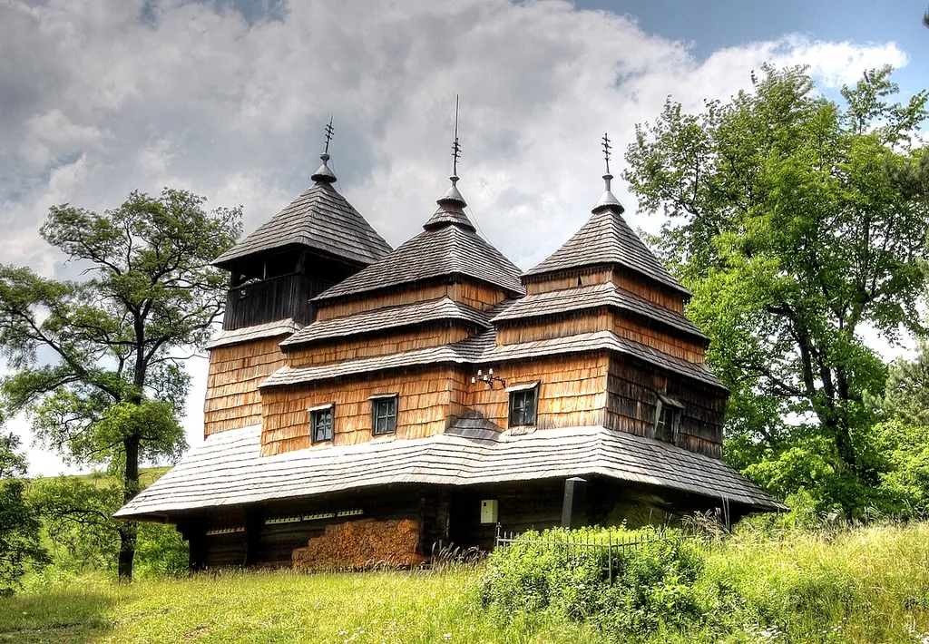 Village of Kostryno/Kostryna, Transcarpathia, Ukraine: Church of the Protection of the Blessed Virgin Mary. Wooden Church, built in 1645, renovated and rebuilt in 1761 (Ukrainian Orthodox Church)