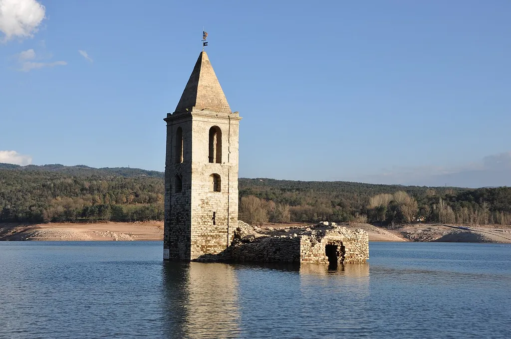 Vilanova de Sau. Old church of Sant Romà de Sau, submerged under the waters of Sau reservoir. 11th Century and later additions