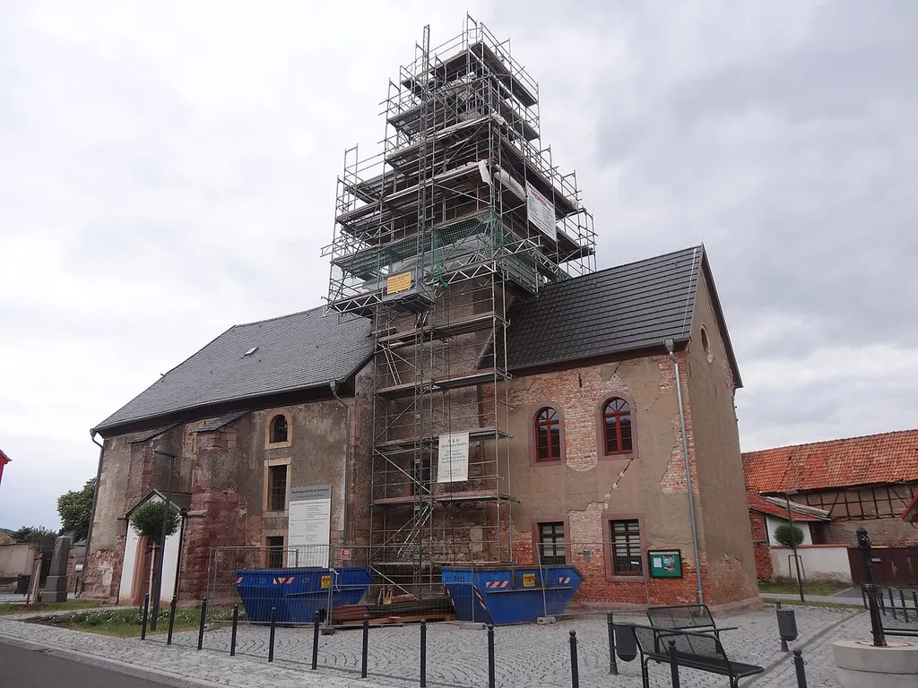 Church with scaffolding in Seehausen, Bad Fankenhausen, Thuringia, Germany
