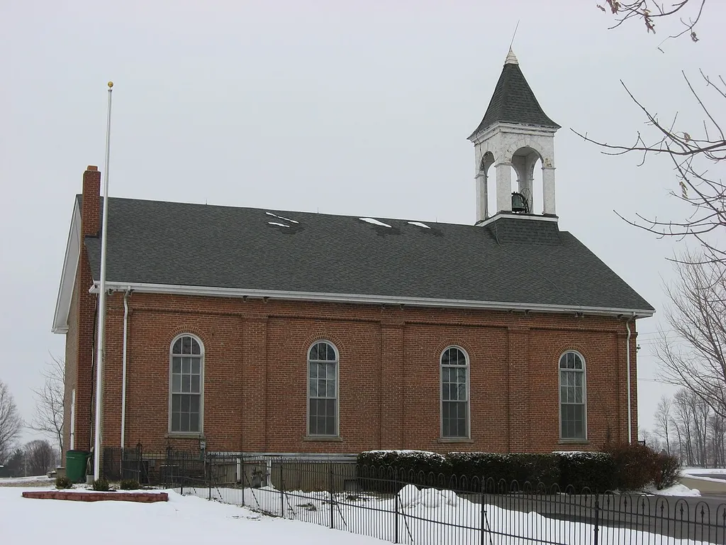 Southern side and rear of St. George Lutheran Church, located at 10931 South 600 West east of Edinburgh in Jackson Township, Shelby County, Indiana, United States. Built in 1867, it is listed on the National Register of Historic Places.