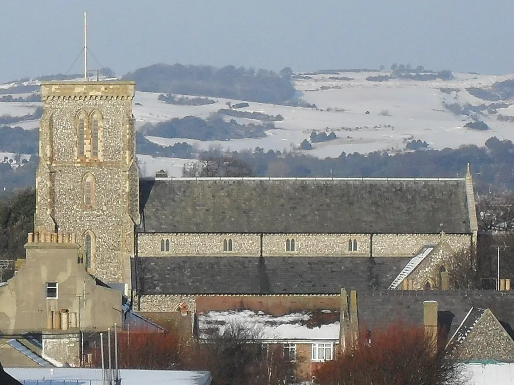 Roofscape of Worthing, West Sussex, England, looking north to Christ Church parish church in Grafton Road, with the South Downs beyond