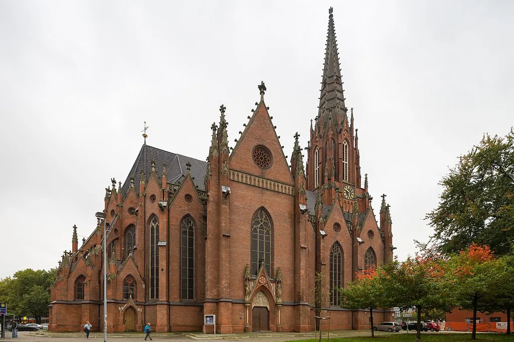 Christuskirche church located at Conrad-Wilhelm-Hase-Platz square in Nordstadt quarter of Hannover, Germany. View from An der Christuskirche.