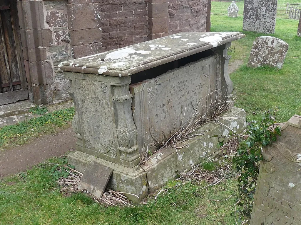 Grade II listed chest tomb in the churchyard of Kilpeck Church. Listed as "William Price Memorial approximately 2 meters south of chancel of Church of St Mary and St David". .mw-parser-output .messagebox{margin:4px 0;width:auto;border-collapse:collapse;border:2px solid var(--border-color-progressive,#6485d1);background-color:var(--background-color-neutral-subtle,#fbfcff);color:var(--color-base,#202122);box-sizing:border-box;border-inline-start-width:8px}.mw-parser-output .messagebox.mbox-small{font-size:88%;line-height:1.25em}.mw-parser-output .mbox-warning,.mw-parser-output .mbox-speedy{border:2px solid var(--border-color-error,#b22222);background:var(--background-color-error-subtle,#ffdbdb);border-inline-start-width:8px}.mw-parser-output .mbox-serious,.mw-parser-output .mbox-delete,.mw-parser-output .mbox-stop{border:2px solid var(--border-color-error,#b22222);border-inline-start-width:8px}.mw-parser-output .mbox-issue,.mw-parser-output .mbox-content{border:2px solid #f28500;background:var(--background-color-warning-subtle,#ffe);border-inline-start-width:8px}.mw-parser-output .mbox-query,.mw-parser-output .mbox-style{border:2px solid #f4c430;background:var(--background-color-warning-subtle,#ffe);border-inline-start-width:8px}.mw-parser-output .mbox-shit{border:2px solid #960;border-inline-start-width:8px}.mw-parser-output .mbox-license{border:2px solid #88a;border-inline-start-width:initial}.mw-parser-output .mbox-legal{border:2px solid var(--border-color-notice,#666);background:var(--background-color-base,#fff);border-inline-start-width:8px}.mw-parser-output .mbox-honor{border:2px solid #ca3;background:var(--background-color-warning-subtle,#fcf4db);border-inline-start-width:8px}.mw-parser-output .mbox-growth{border:2px solid #8d4;background:var(--background-color-success-subtle,#d5fdf4);border-inline-start-width:8px}.mw-parser-output .mbox-move{border:2px solid #93c;border-inline-start-width:8px}.mw-parser-output .mbox-protection,.mw-parser-output .mbox-message{b