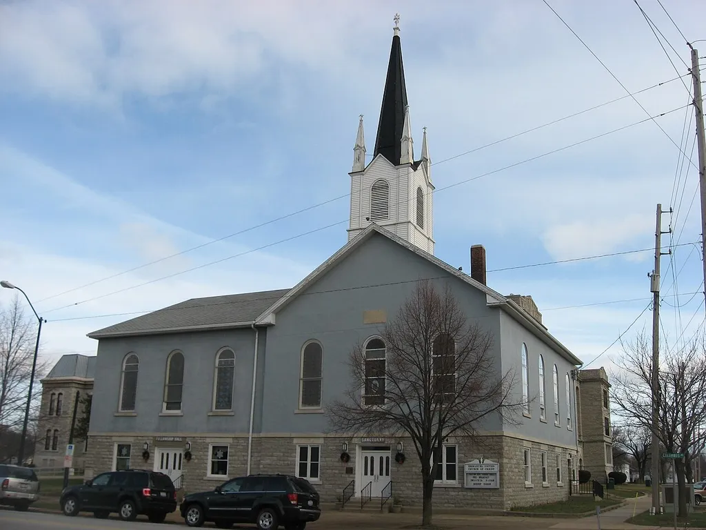 Front and southern side of Emmanuel United Church of Christ, located at 334 Columbus Avenue (State Route 4) in Sandusky, Ohio, United States. Built in 1866, it is listed on the National Register of Historic Places.