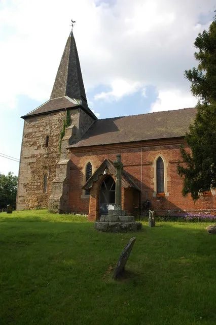 Coreley Church, near to Coreley, Shropshire, Great Britain. St Peter's church, Coreley, viewed from the south. The church bisects the boundary of two grid squares.