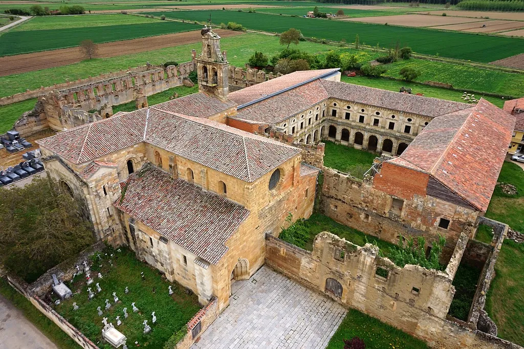 Aerial view of monastery of Saint Mary of Sandoval in Villaverde de Sandoval, Mansilla Mayor (León, Spain). Picture taken by Smart Drone with a drone.