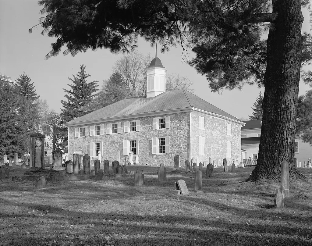 Rear of the Old Stone Church, located at the intersection of Church and Foster Streets in Lewisburg, West Virginia, United States. Built in 1796, it is listed on the National Register of Historic Places.
