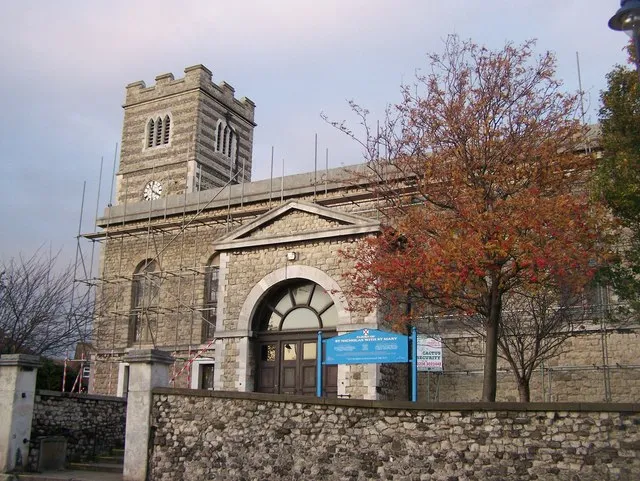 St. Nicholas Church, Strood On High Street. In parish of St Nicholas with St Mary. Currently under repair, hence scaffolding.