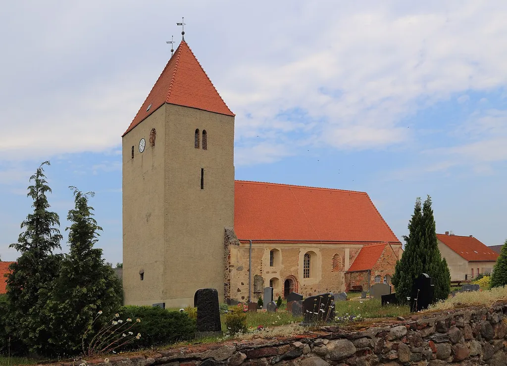 Protestant Village Church (Dorfkirche) of Goßmar, a district of Heideblick, Landkreis Dahme-Spreewald, Brandenburg, Germany.