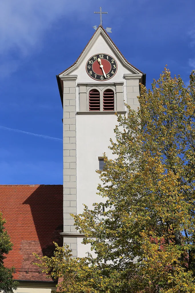 Tower of the parish church St. Pankratius in Steinhilben. The place is a district of Trochtelfingen and is located on the Swabian Alb (Baden-Württemberg).