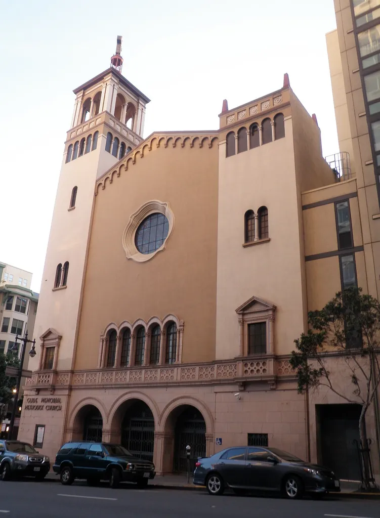 Glide Memorial Church, taken February, 2016. Afternoon with front doors of church closed. View from across Taylor Street.