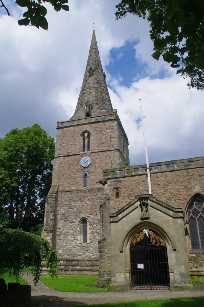 West tower, spire and 20th-century Gothic Revival porch of St Andrew's parish church, Aylestone, Leicester