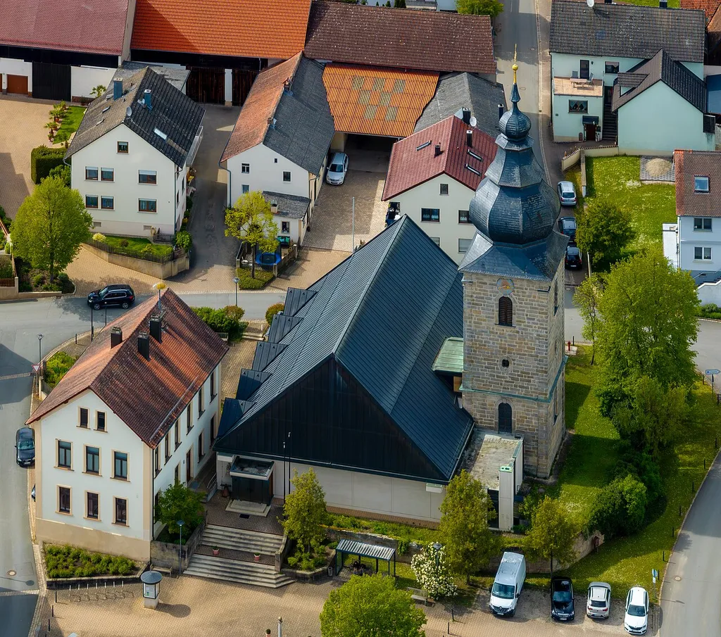 Aerial view of the Roman Catholic branch church of St Veit in Röbersdorf