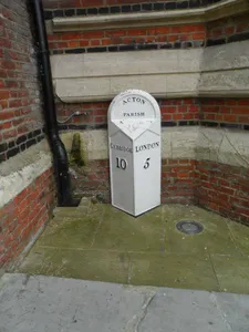 Milepost, High Street; St Mary's Church, entrance