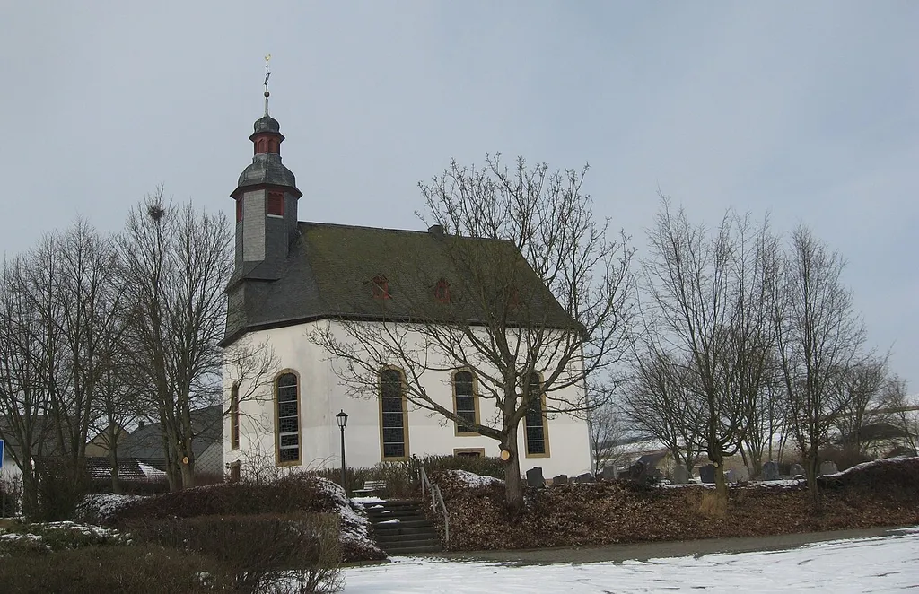 The protestantic church in the village Alterkülz, Hunsrück landscape, Germany.