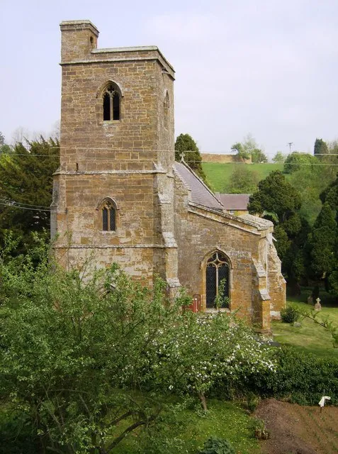 Church of England parish church of St Peter ad Vincula, Ratley, Warwickshire, seen from the west, showing the 13th-century tower and 14th-century south aisle