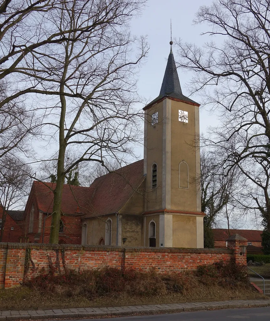 North-western view of church in Nennhausen, Nennhausen municipality, Havelland district, Brandenburg state, Germany.