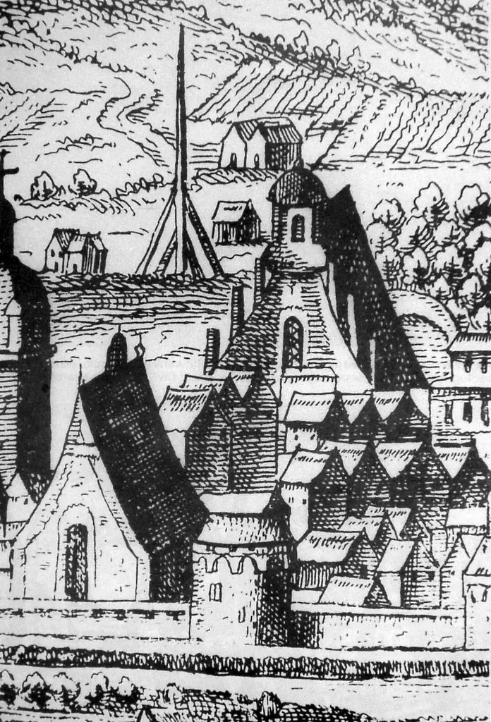Костел Святого хреста і монастир францисканців (передній план), Старий готичний костел домініканців (на місці теперішнього нового - барокового). Гравюра Абрагама Гогенберґа за малюнком Ауреліо Пасарротті, поч. XVIII ст.
