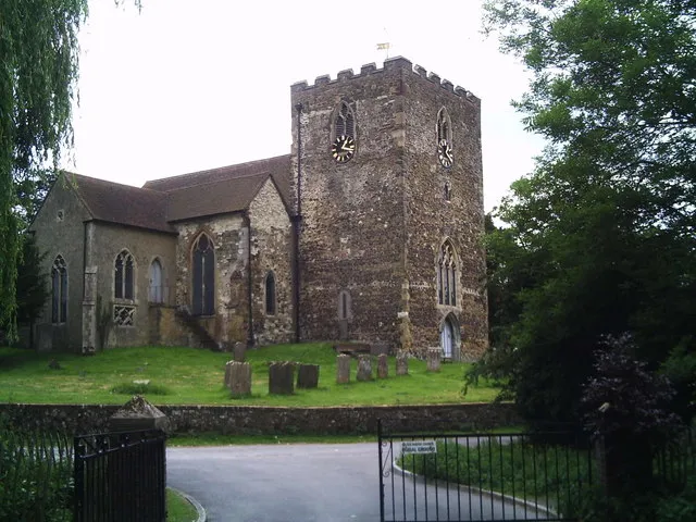 St Mary's Church, Oxted This view is from just inside the present burial ground gates.