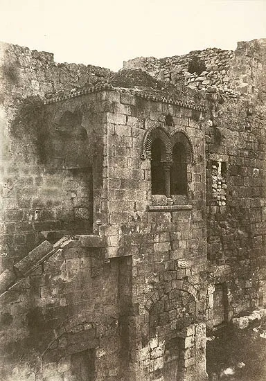 Old Jerusalem, christian quarter - Remains of this old church (XIth century) are now included in the Lutheran Church of the Redeemer. This window is now situated in the lobby of the building next to the church (can be seen from the street through the glass of the door).