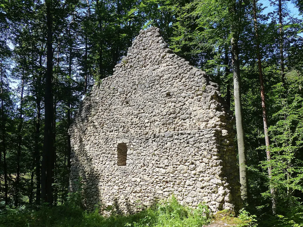 The ruin of the mountain church called Zum heiligen Bühl in the village Wölm, a district of the municipality Gößweinstein.