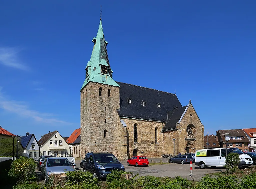 The Protestant City Church (Evangelische Stadtkirche) in Westerkappeln, Kreis Steinfurt, North Rhine-Westphalia, Germany. The church is a listed cultural heritage monument.