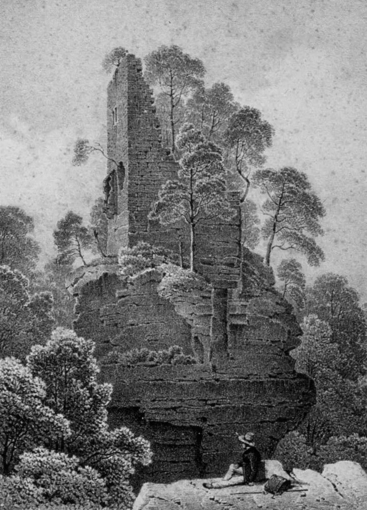 Lithographie der Burgruine Hohenfels bei Dambach