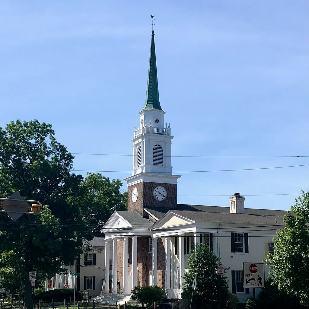 Area view of the Second Reformed Church of New Brunswick, also known as the College Avenue Community Church, in New Brunswick, New Jersey.