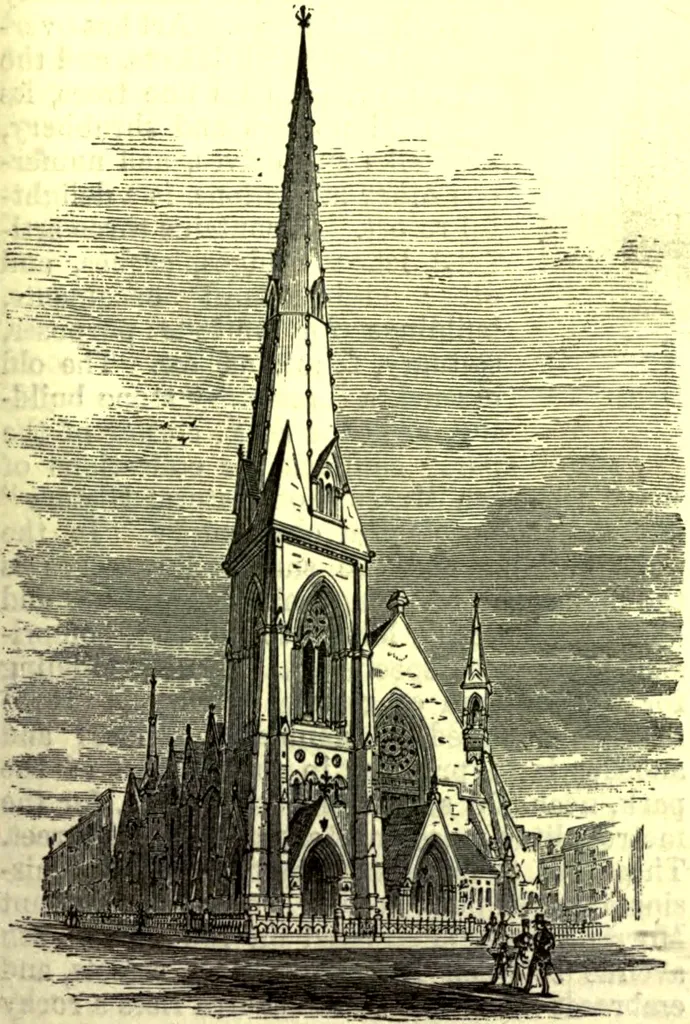 Drawing/wood engraving of the Reformed (Dutch) Church at 5th Avenue and 48th Street in New York City.
