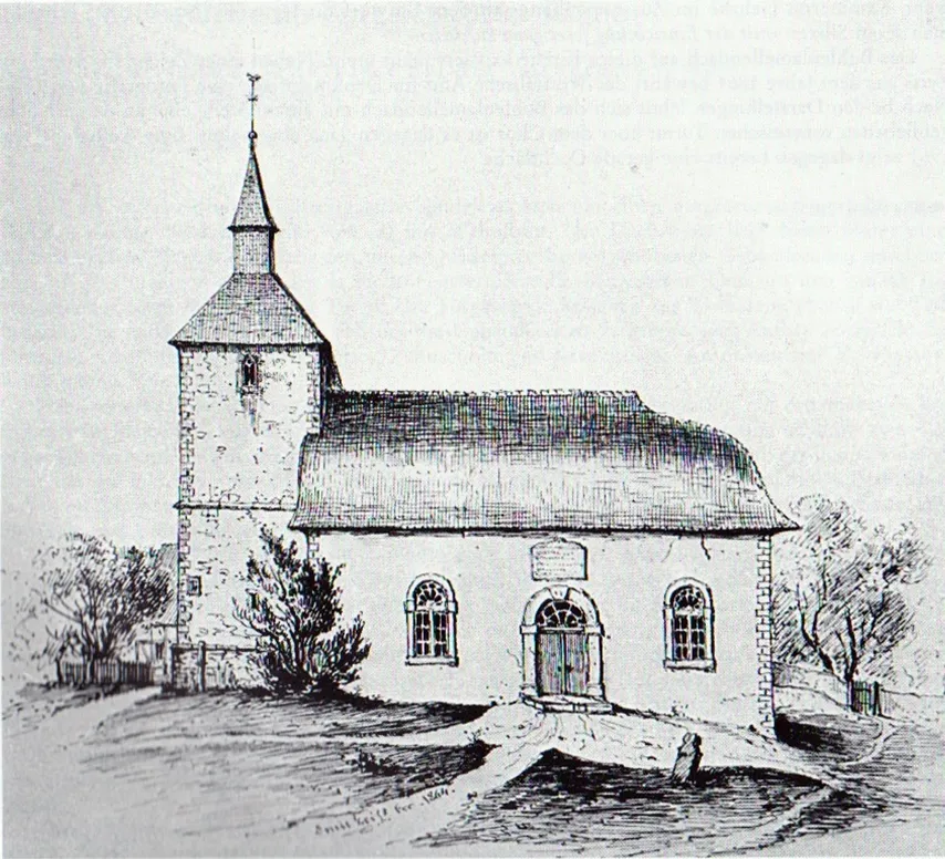 Silixen, Evangelische Kirche, Ansicht von 1864 mit Bohlenlamellendach