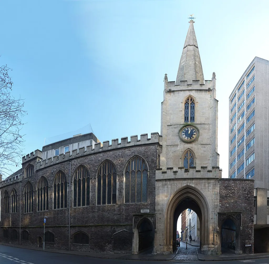 Church of St John the Baptist, Bristol. NB this picture is a panoramic image in equirectilinear projection, meaning that some straight lines are distorted
