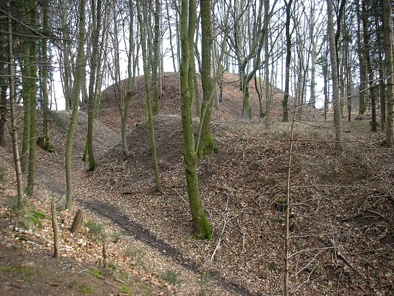 Hochmittelalterlicher Burgstall Walleshausen (Gemeinde Geltendorf, Landkreis Landsberg am Lech, Oberbayern). Blick über den Graben der südwestlichen Vorburg auf den Turmhügel. Eigene Aufnahme, Feb. 2008 / High Middle Ages castle Walleshausen near Geltendorf (Upper Bavaria, Germany). The moat of the south western bailey with the central motte (background). Own photo, Feb. 2008