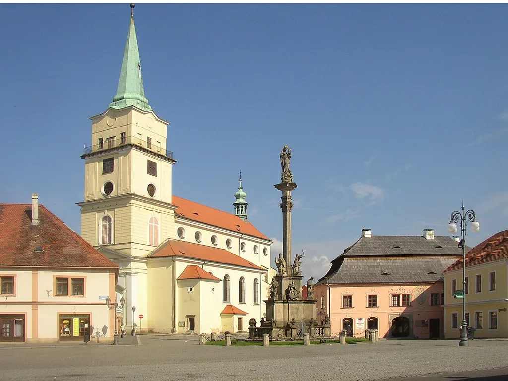 Rokycany, Josef Urban Square with church of Our Lady of the Snow and Marian column.
