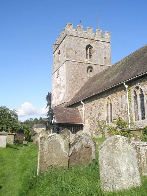 West tower and south porch of the parish church of St James, Cardington, Shropshire, seen from the east