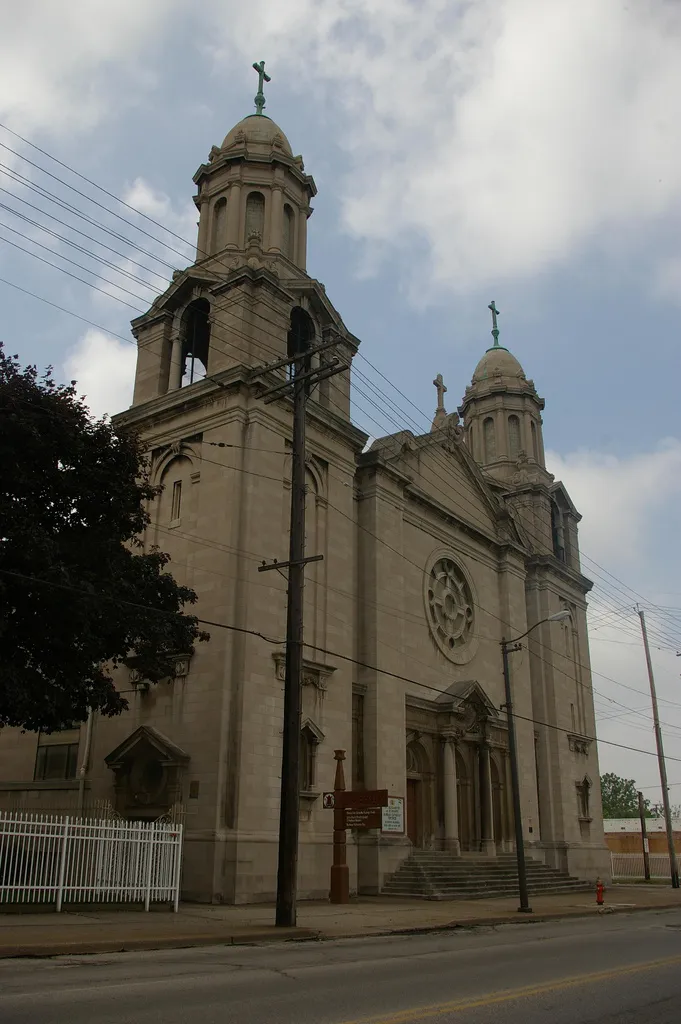A view of St. Elizabeth's Magyar Roman Catholic Church at 9016 Buckeye Road, in Cleveland, Ohio. The structure, built in 1918, was designed by Emile Uhlrich, architect. It is listed on the National Register of Historic Places.