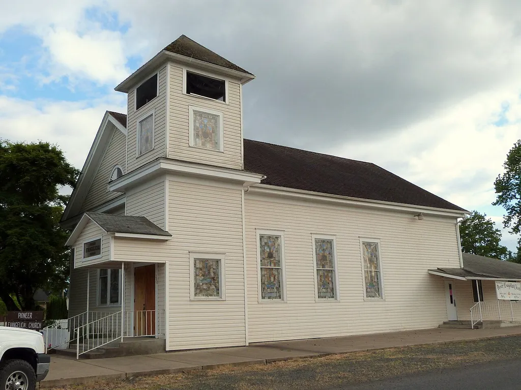 The Pioneer Evangelical Church building (built 1862), located at 302 4th Street in Dayton, Oregon, United States, is listed on the US National Register of Historic Places under its historic name of Dayton Methodist Episcopal Church. The building has undergone major alterations since it was listed on the National Register in 1987. This is an image of a place or building that is listed on the National Register of Historic Places in the United States of America. Its reference number is 87000340 (Wikidata).