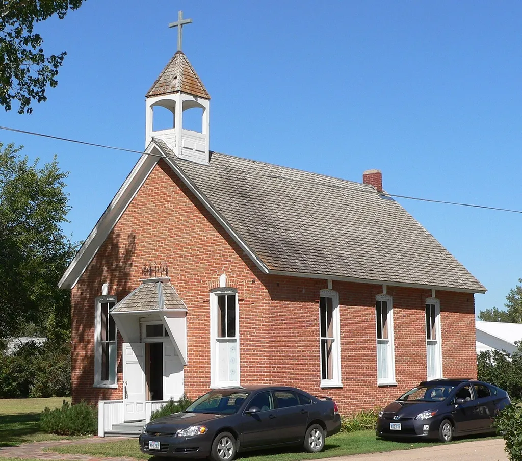 St. Juliana Falconieri Catholic Church in Red Cloud, Nebraska; seen from the southeast. The 1883 church is listed in the National Register of Historic Places.