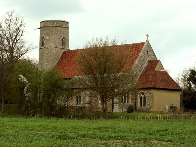SS Peter and Paul parish church, Bardfield Saling, Essex, seen from the southeast. One of only six churches in Essex with a round tower. The church was built in the 14th century. The chancel was shortened in the 19th century, which may be why there is no east window.