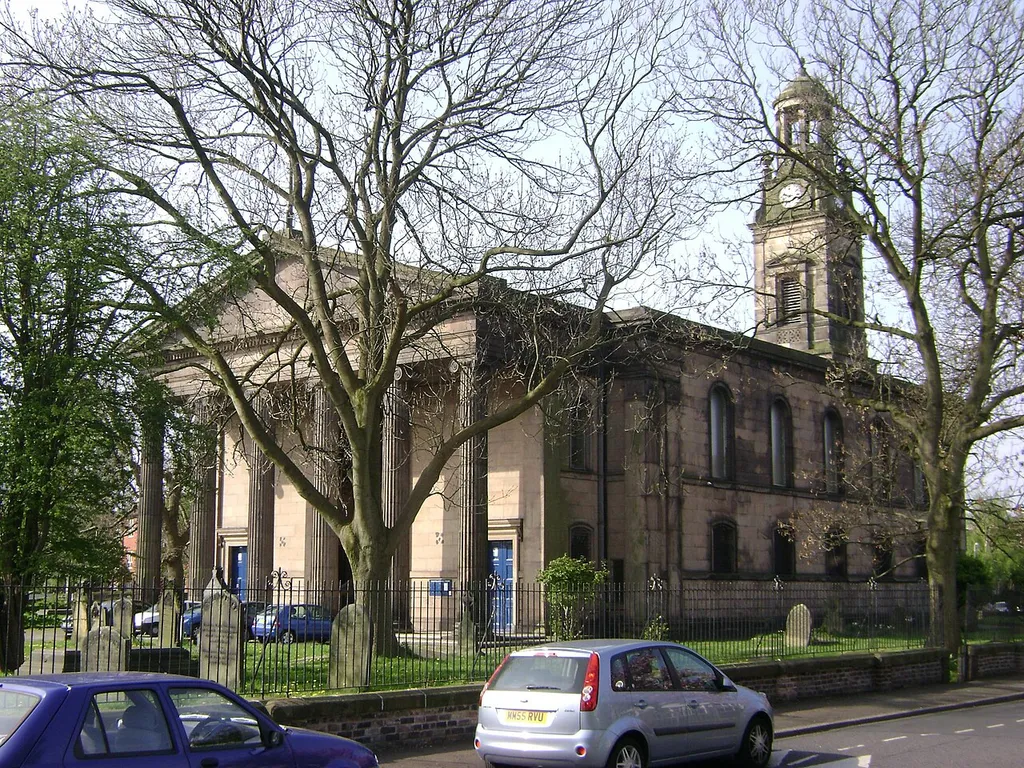 St Thomas's parish church, Stockport, Greater Manchester, seen from the northeast from Marriott Street