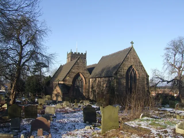 St Mary's parish church, Bushbury, West Midlands, seen from the southeast in snow