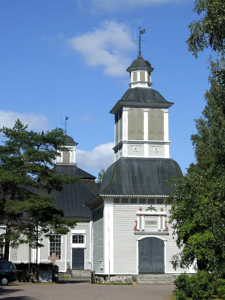 The wooden church and belfry of Rantsila, Finland. The church in Rantsila was built by Simon Silvén and completeted in 1785