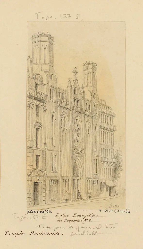 Auteur(s): Leymonnerye, Léon (1803 - 1879), dessinateur Autre titre: Paris. Les églises. Série 13bis. (Titre de l'ensemble) Date de production: En 1866 Type(s) d'objet(s): Dessin, Arts graphiques Dénomination(s): Dessin Matériaux et techniques: Crayon Lieu(x) d'exécution / réalisation: Paris Dimensions - Oeuvre: Hauteur : 14 cm Largeur : 7.3 cm Dimensions - Montage: Hauteur : 23 cm Largeur : 36 cm Description: Montage commun aux numéros D.8021(1234bis) à (1236bis). Commentaire historique: Le donateur a classé cette collection en 19 séries : 1) Paris, rive droite ; 2) Barrières de l'enceinte supprimée au 1er janvier 1860 ; 3) Plans et vues d'ensemble ; 4) Ponts et chemin de fer ; 5) Hôtels ; 6) Ile Notre-Dame - Ile St. Louis ; 7) Paris, rive gauche ; 8) Collèges - écoles ; 9) Hôpitaux - hospices ; 10) Couvents - communautés ; 11) Hôtels, cérémonies, églises, divers ; 12) Passages, cours, cités, villas, ... ; 13) Eglises ; 14) Les fêtes publiques, théâtres, bals, concerts, ... ; 15) Paris anciens suivant Brétez, Bullet, Dulaure, Israël, Henriet, Callot, Gomboust, Israël Silvestre..., Enceinte de Philippe Auguste ; 16) Les mairies ; 17) Les dômes ; 18) Sièges des Prussiens 1870-71 ; 19) Fontaines, réservoirs. Un manuscrit de 6 feuillets intitulé : "Catalogue alphabétique de Croquis d'après nature pris à Paris jusqu'à 1876", recense par ordre alphabétique les lieux parisiens dessinés par l'artiste. Mode d'acquisition: Don manuel Nom du donateur, testateur, vendeur: Dutripon (Monsieur) Date d’acquisition: 1950 Institution: Musée Carnavalet, Histoire de Paris Numéro d’inventaire: D.8021(1235bis) IIIF Manifest: https://apicollections.parismusees.paris.fr/iiif/320129533/manifest