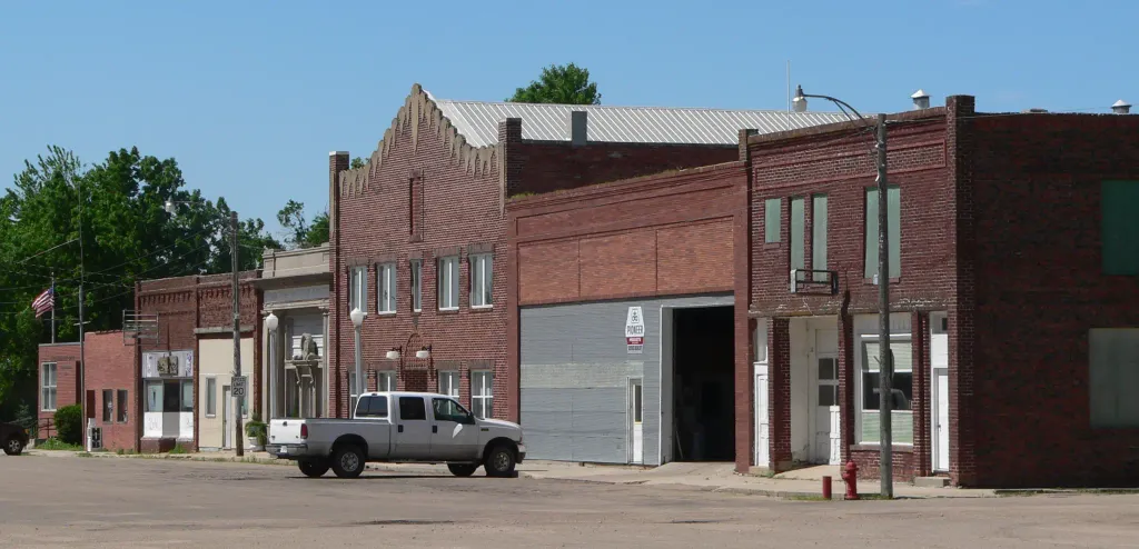 Downtown Upland, Nebraska: west side of Prairie Avenue, looking southwest from about Railway Street.