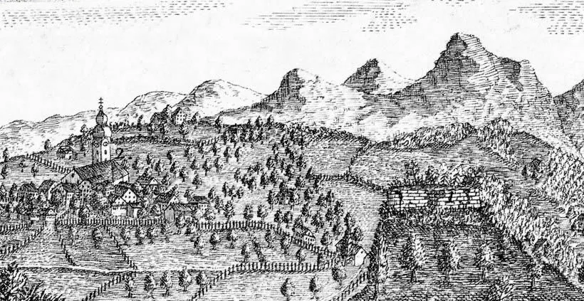 Ansicht von Benken SG mit der Wandelberg gemäss einem Kupferstich von 1821