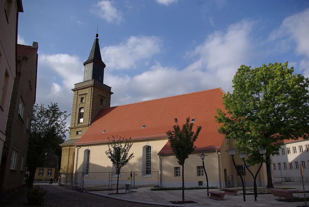 Trebbin in Brandenburg. Die St. Marien Stadtkirche wurde 1740 bis 1744 erbaut. Die Kirche steht unter Denkmalschutz.