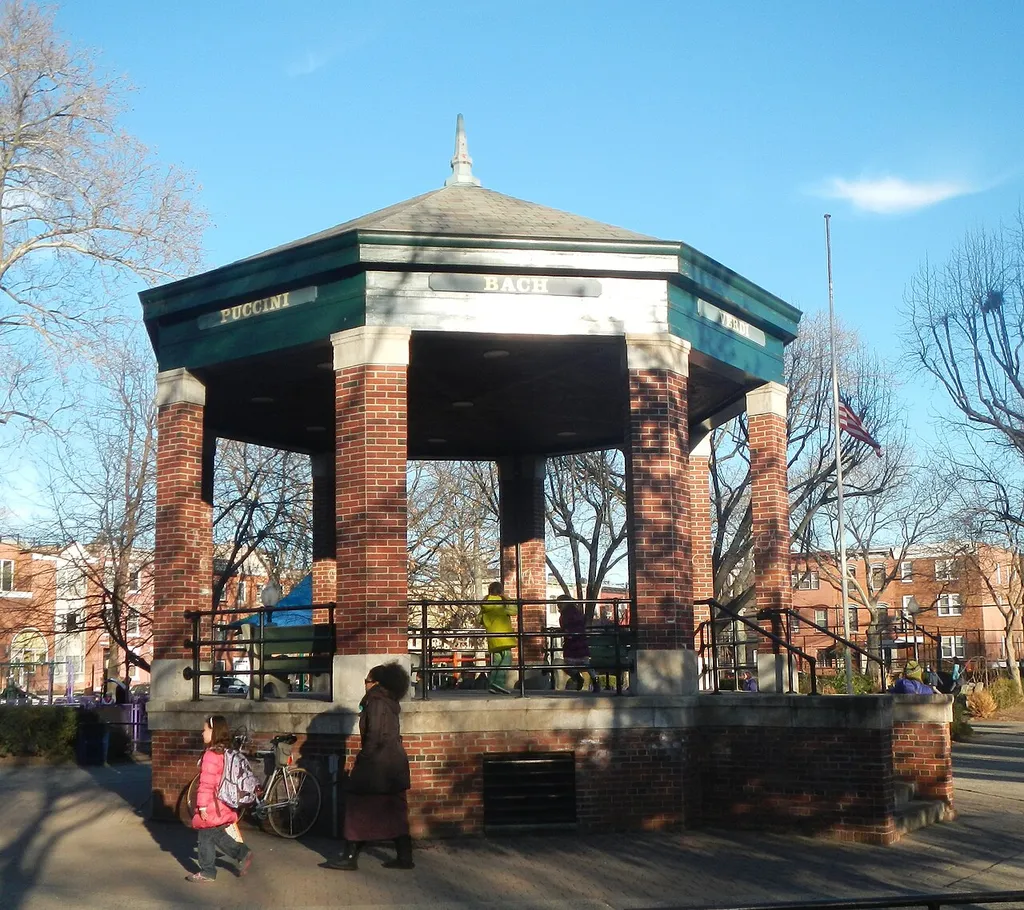 Looking east at gazebo on a sunny afternoon.